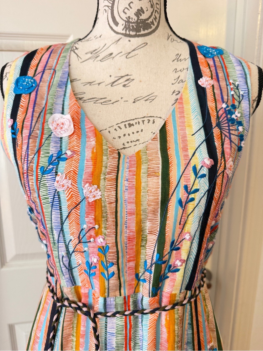 Anthropologie Multicolor Striped Embroidered Midi Dress - Picture 5 of 6